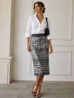 Sequined Striped Pencil Skirt in Silver and Gray